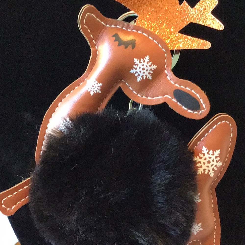 BLACK REINDEER FLUFFBALL KEYCHAIN - Picture 2 of 3